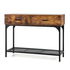 2 Drawers Console Table with Metal Frame for Living Room - Rustic Brown