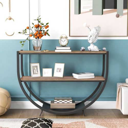 Rustic Industrial Design Demilune Shape Textured Metal Distressed Wood Console Table - Brown