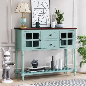 Sideboard Console Table with Bottom Shelf, Farmhouse Wood/Glass Buffet Storage Cabinet Living Room - Antique Blue