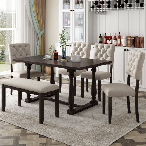 6-Piece Dining Table and Chair Set with Special-shaped Legs and Foam-covered Seat Backs&Cushions for Dining Room - Espresso 6-Piece Dining Table and Chair Set with Special-shaped Legs and Foam-covered Seat Backs&Cushions for Dining Room - Espresso