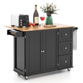 Kitchen Island Trolley Cart Wood with Drop-Leaf Tabletop and Storage Cabinet - black
