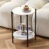 2-layer End Table with Tempered Glass and Marble Tabletop;  Round Coffee Table with  Metal Frame for Bedroom Living Room Office - White+Black+ Marble