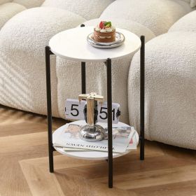 2-layer End Table with Tempered Glass and Marble Tabletop;  Round Coffee Table with  Metal Frame for Bedroom Living Room Office - White+Black+ Marble