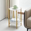 2-layer End Table with Tempered Glass and Marble Tabletop;  Round Coffee Table with  Metal Frame for Bedroom Living Room Office - White+Golden+Marble