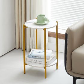 2-layer End Table with Tempered Glass and Marble Tabletop;  Round Coffee Table with  Metal Frame for Bedroom Living Room Office - White+Golden+Marble