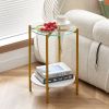 2-layer End Table with Tempered Glass and Marble Tabletop;  Round Coffee Table with  Metal Frame for Bedroom Living Room Office - White+Golden+Glass