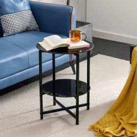 2-layer Tempered Glass End Table;  Round Coffee Table for Bedroom Living Room Office - Black