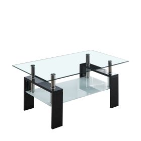 Artisan Center Coffee Table, Tempered Glass Top Stainless Steel Legs for Living Room, 37"Lx22"Dx16"H - Black