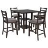 5-Piece Wooden Counter Height Dining Set with Padded Chairs and Storage Shelving - Espresso