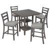 5-Piece Wooden Counter Height Dining Set with Padded Chairs and Storage Shelving - Gray