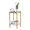 2-layer End Table with Tempered Glass and Marble Tabletop;  Round Coffee Table with  Metal Frame for Bedroom Living Room Office - White+Golden+Glass