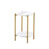 2-layer End Table with Tempered Glass and Marble Tabletop;  Round Coffee Table with  Metal Frame for Bedroom Living Room Office - White+Golden+Marble