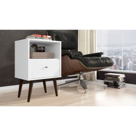 Manhattan Comfort Liberty Mid-Century Modern Nightstand 1.0 with 1 Cubby Space and 1 Drawer in White with Solid Wood Legs
