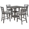 5-Piece Wooden Counter Height Dining Set with Padded Chairs and Storage Shelving - Gray