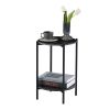 2-layer End Table with Tempered Glass and Marble Tabletop;  Round Coffee Table with  Metal Frame for Bedroom Living Room Office - Black+Black+Marble