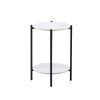 2-layer End Table with Tempered Glass and Marble Tabletop;  Round Coffee Table with  Metal Frame for Bedroom Living Room Office - White+Black+ Marble