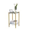 2-layer End Table with Tempered Glass and Marble Tabletop;  Round Coffee Table with  Metal Frame for Bedroom Living Room Office - White+Golden+Glass
