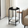 2-layer End Table with Tempered Glass and Marble Tabletop;  Round Coffee Table with  Metal Frame for Bedroom Living Room Office - Black+Black+Marble