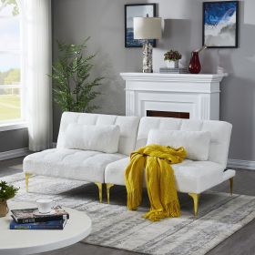 Convertible sofa bed futon with gold metal legs teddy fabric (Color: White Teddy)