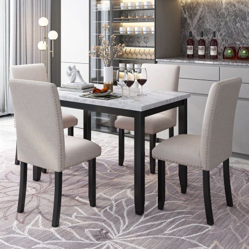 Faux Marble 5-Piece Dining Set Table with 4 Thicken Cushion Dining Chairs Home Furniture, White/Beige+Black Faux Marble 5-Piece Dining Set Table with 4 Thicken Cushion Dining Chairs Home Furniture, White/Beige+Black
